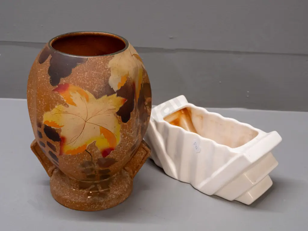 2 English pottery vases - deco with autumn leaf motif over spatter glaze and a Shorter & Sons fan shaped trough - some Image 1++