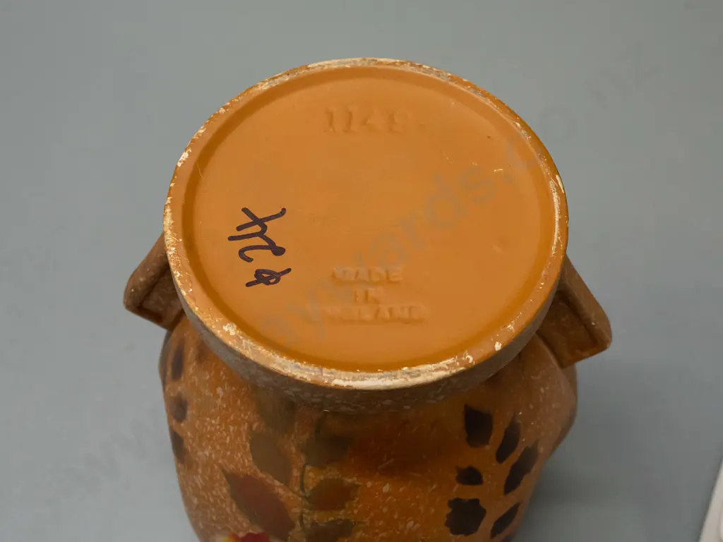 2 English pottery vases - deco with autumn leaf motif over spatter glaze and a Shorter & Sons fan shaped trough - some Image 1++