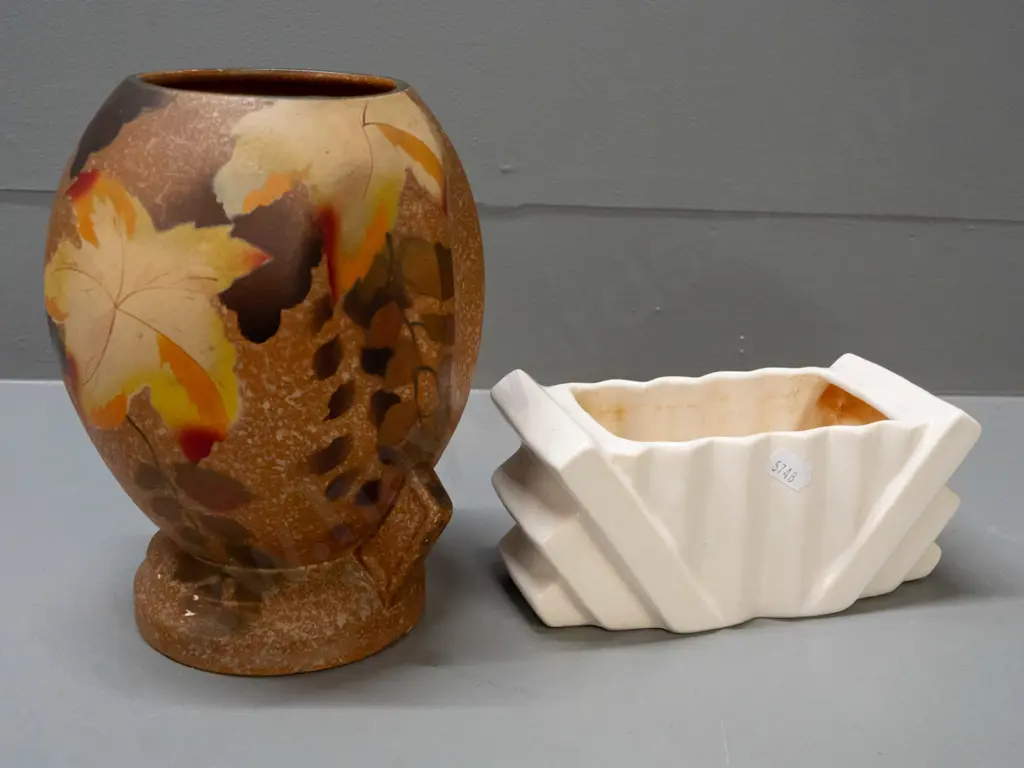2 English pottery vases - deco with autumn leaf motif over spatter glaze and a Shorter & Sons fan shaped trough - some Image 1++