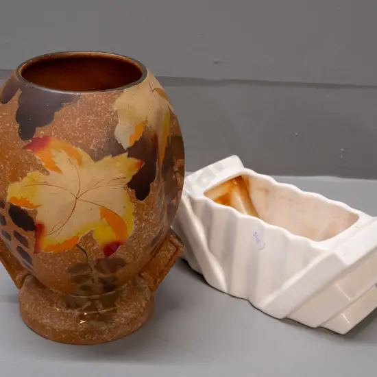 2 English pottery vases - deco with autumn leaf motif over spatter glaze and a Shorter & Sons fan shaped trough - some