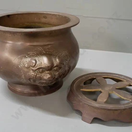 bronze incense burner / bowl with mythical beast handles, on separate pierced circular base - combined H-160 W-230