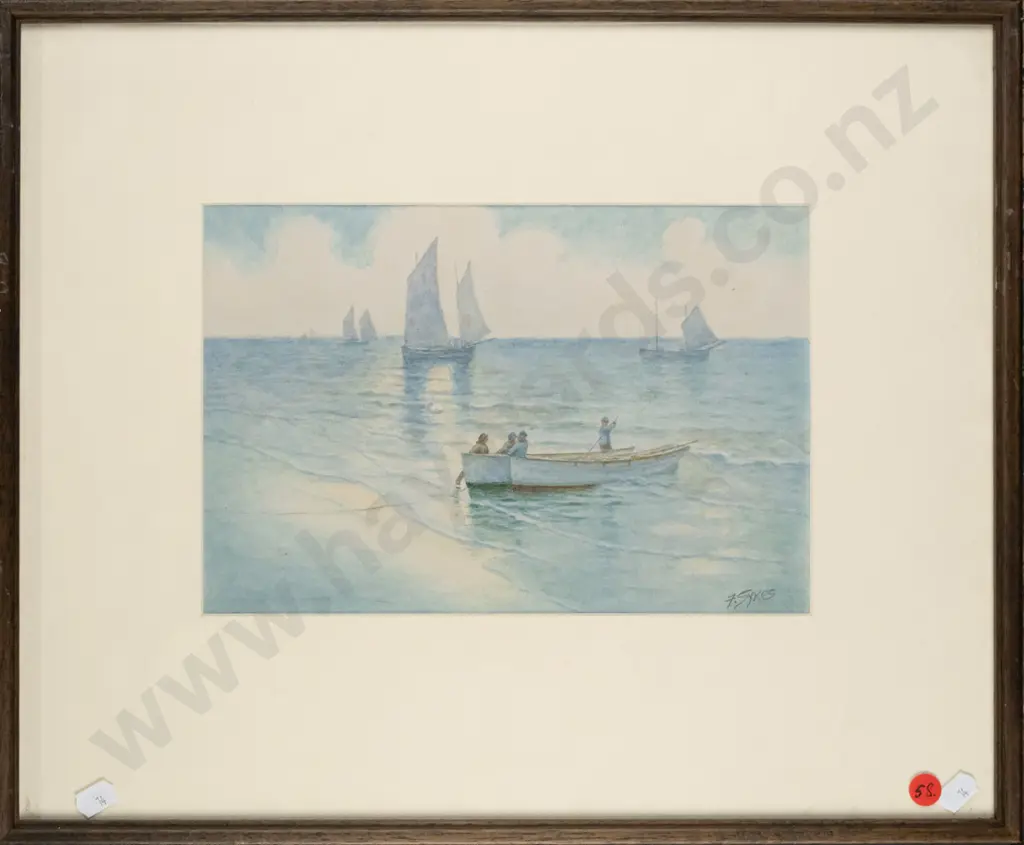 F. Sykes - framed watercolour - fishing boats H-175 W-260 Image 1++