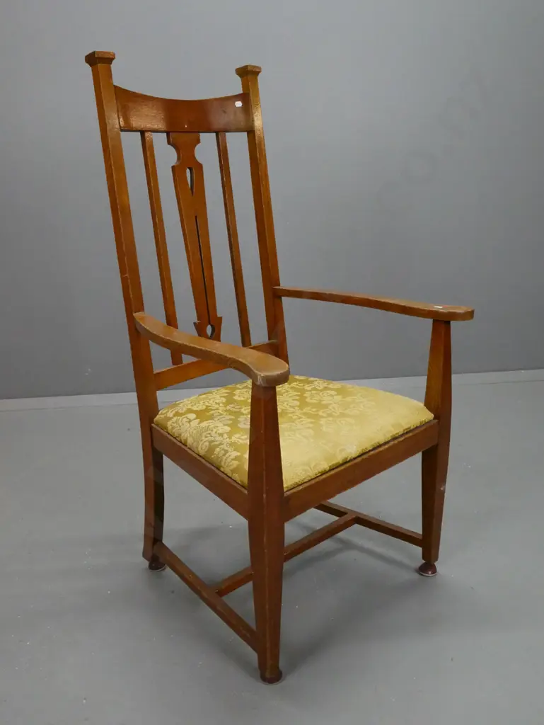 vintage oak art nouveau style high back chair with pierced back splat, pop out upholstered seat, square section legs, Image 1++