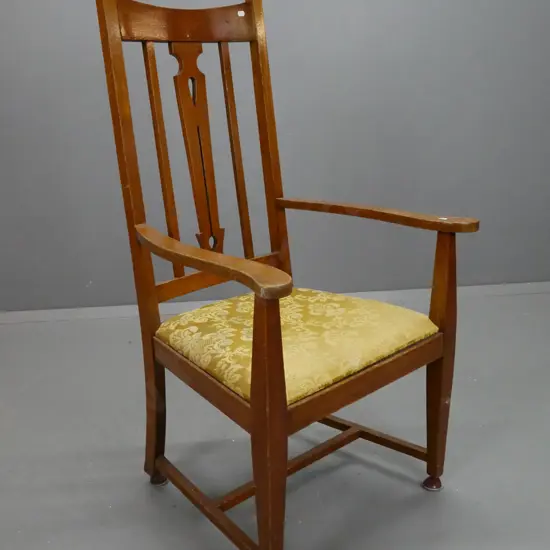 vintage oak art nouveau style high back chair with pierced back splat, pop out upholstered seat, square section legs,