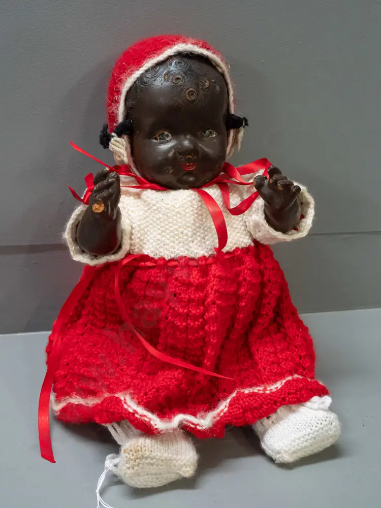 vintage doll with knit outfit, a few chipped fingers and peeling paint show brown fibre composite construction H-300 Image 1++