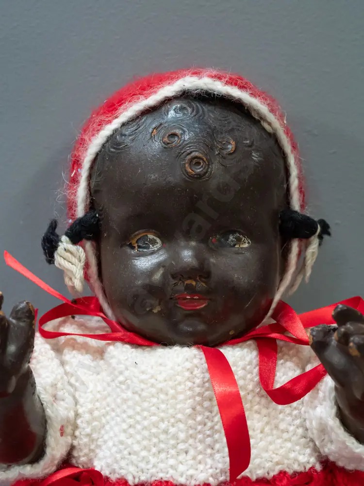 vintage doll with knit outfit, a few chipped fingers and peeling paint show brown fibre composite construction H-300 Image 1++