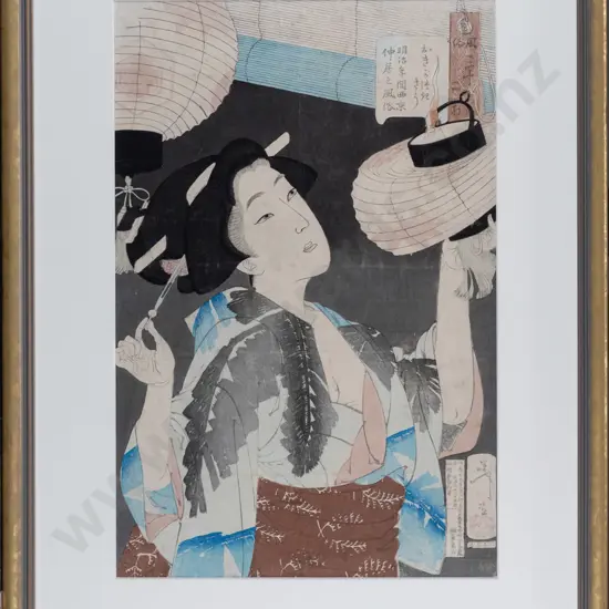 Tsukioka Yoshitoshi -- framed colour woodblock print on paper "Looking Capable: The Appearance of a Kyoto Waitress of