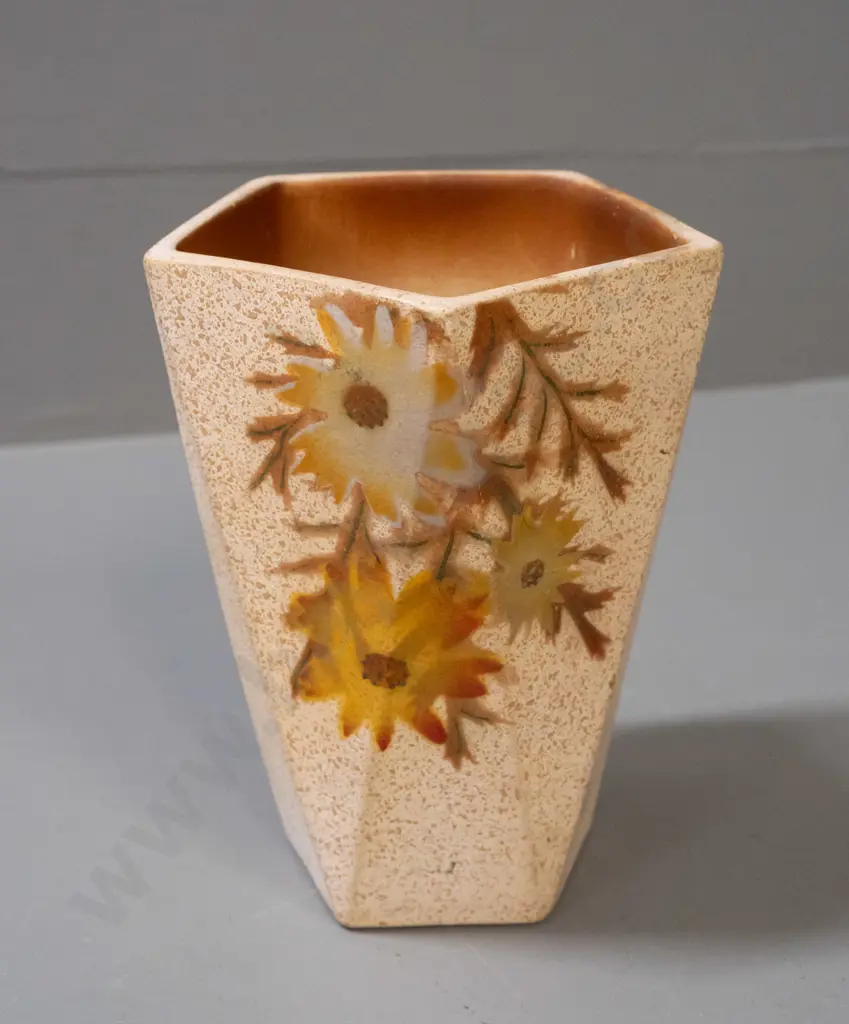 vintage Salisbury Pottery NZ faceted side hand painted floral vase with splatter background - mark on base "71." - has Image 1++