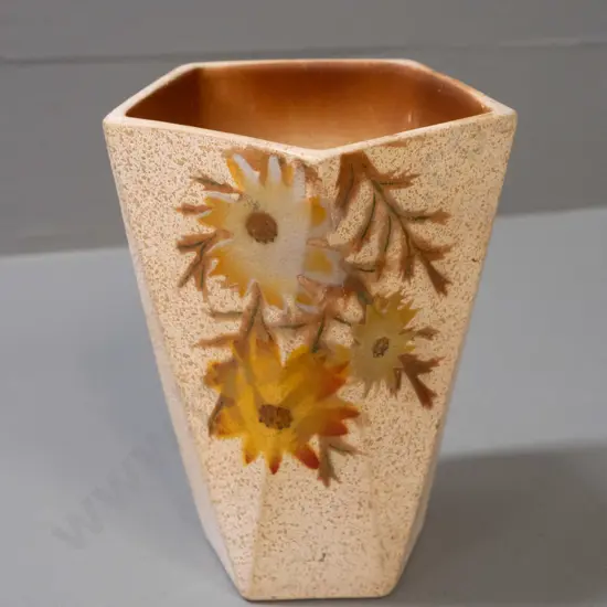 vintage Salisbury Pottery NZ faceted side hand painted floral vase with splatter background - mark on base "71." - has