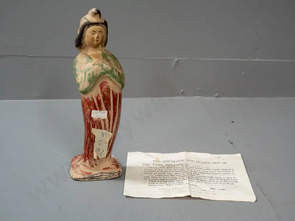 Chinese tri-colour glaze clay pottery figure - reproduction of Tang Dynasty style, has paper labels stuck to front H-250 Image 1++