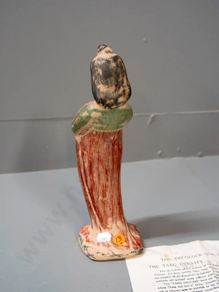 Chinese tri-colour glaze clay pottery figure - reproduction of Tang Dynasty style, has paper labels stuck to front H-250 Image 1++