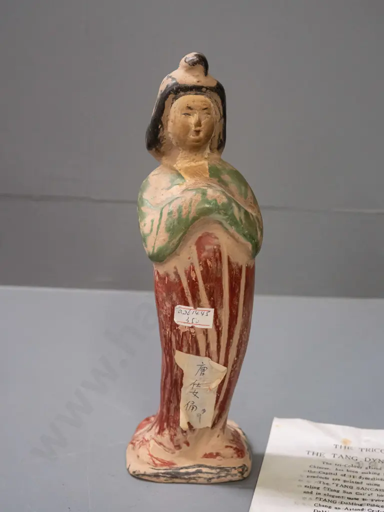 Chinese tri-colour glaze clay pottery figure - reproduction of Tang Dynasty style, has paper labels stuck to front H-250 Image 1++