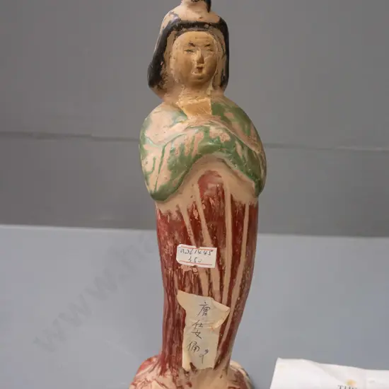 Chinese tri-colour glaze clay pottery figure - reproduction of Tang Dynasty style, has paper labels stuck to front H-250