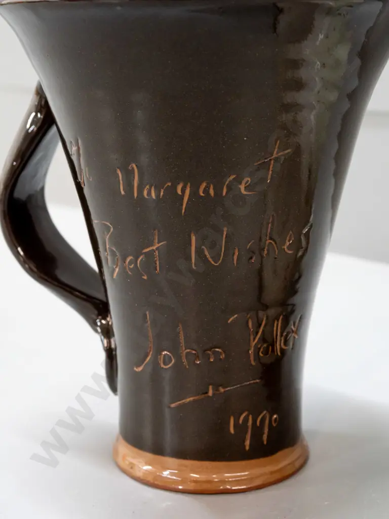 2 studio pottery jugs - one tall flared design inscribed To Margaret Best Wishes John Pollex 1990 - and one other with Image 1++