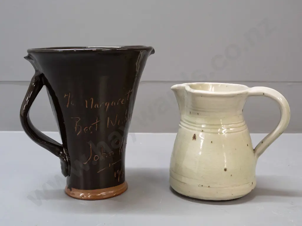 2 studio pottery jugs - one tall flared design inscribed To Margaret Best Wishes John Pollex 1990 - and one other with Image 1++