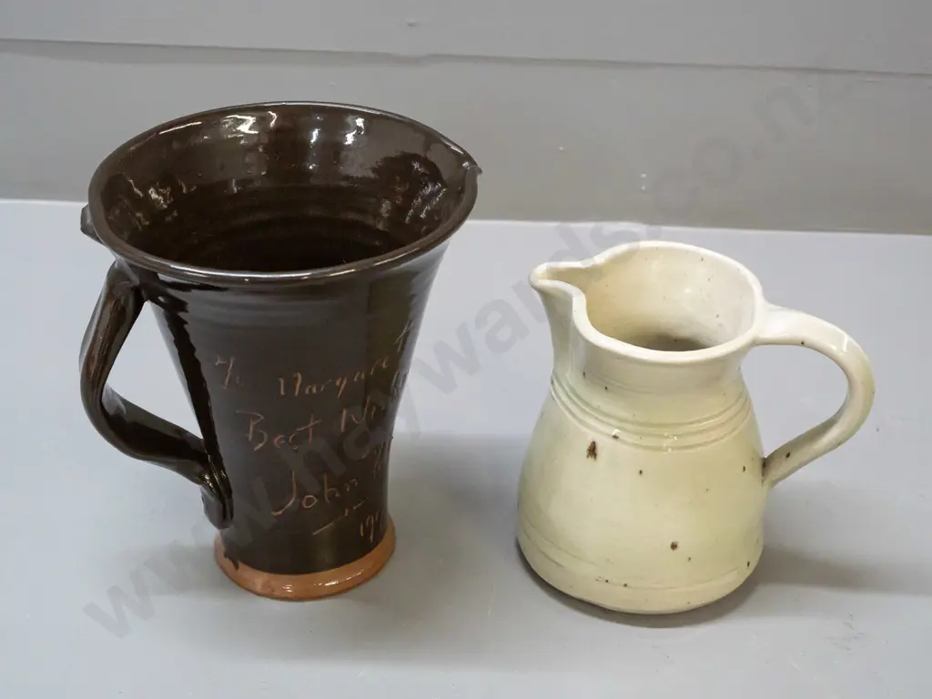 2 studio pottery jugs - one tall flared design inscribed To Margaret Best Wishes John Pollex 1990 - and one other with Image 1++