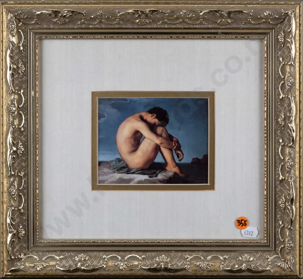 Hippolyte Flandrin -- framed reproduction "Study (Young Male Nude)" H-90 W-120 [small chip to upper right frame mitre] Image 1++