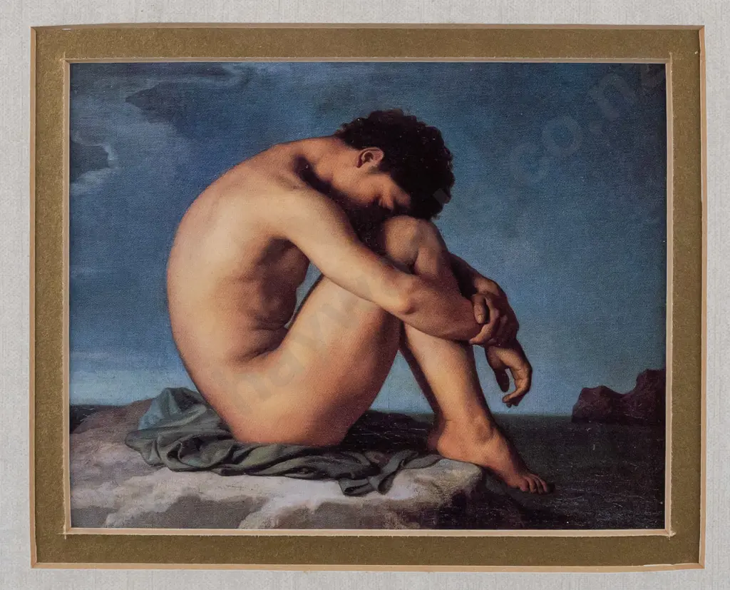 Hippolyte Flandrin -- framed reproduction "Study (Young Male Nude)" H-90 W-120 [small chip to upper right frame mitre] Image 1++