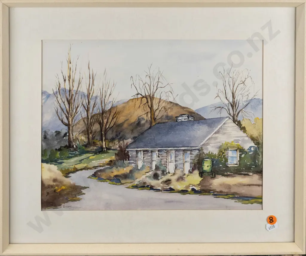 W Gawn -- framed watercolour on paper "Miss Mills Cottage, Wanaka" H-250 W-325 Image 1++