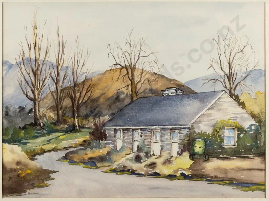 W Gawn -- framed watercolour on paper "Miss Mills Cottage, Wanaka" H-250 W-325 Image 1++