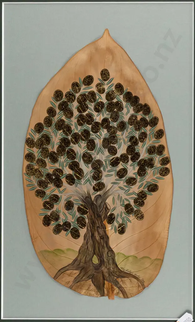Hülya Kalayci Unutur 2018 -- framed paint and gilding on leaf "Zeytin Agasi-Esma-i Hüsna" H-330 W-195 Image 1++