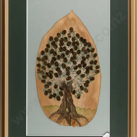 Hülya Kalayci Unutur 2018 -- framed paint and gilding on leaf "Zeytin Agasi-Esma-i Hüsna" H-330 W-195