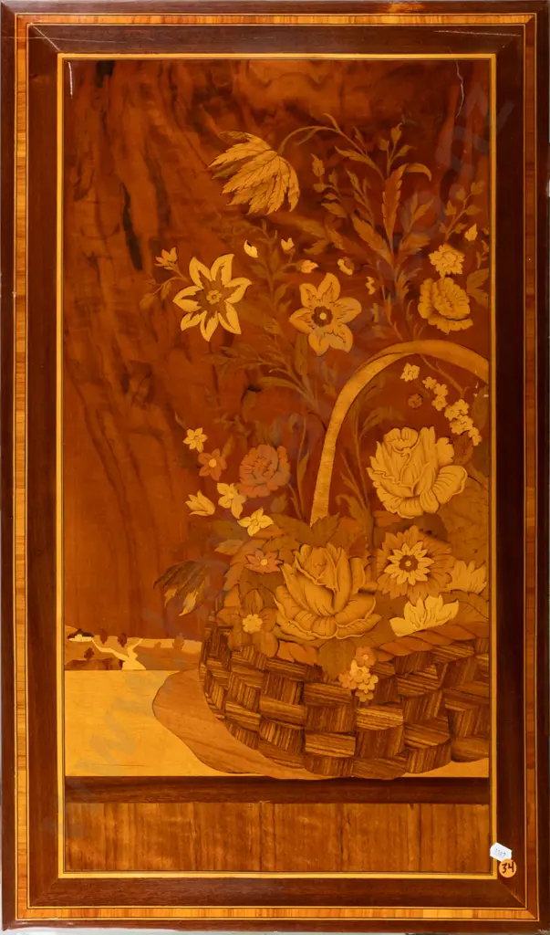 Sorrento-style marquetry wall art, still life w/ basket of flowers, H-710 W-420 [a few small chips & cracks to varnish Image 1++