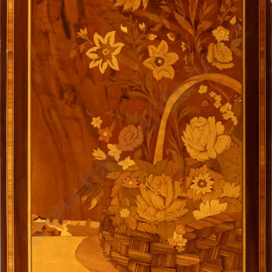 Sorrento-style marquetry wall art, still life w/ basket of flowers, H-710 W-420 [a few small chips & cracks to varnish