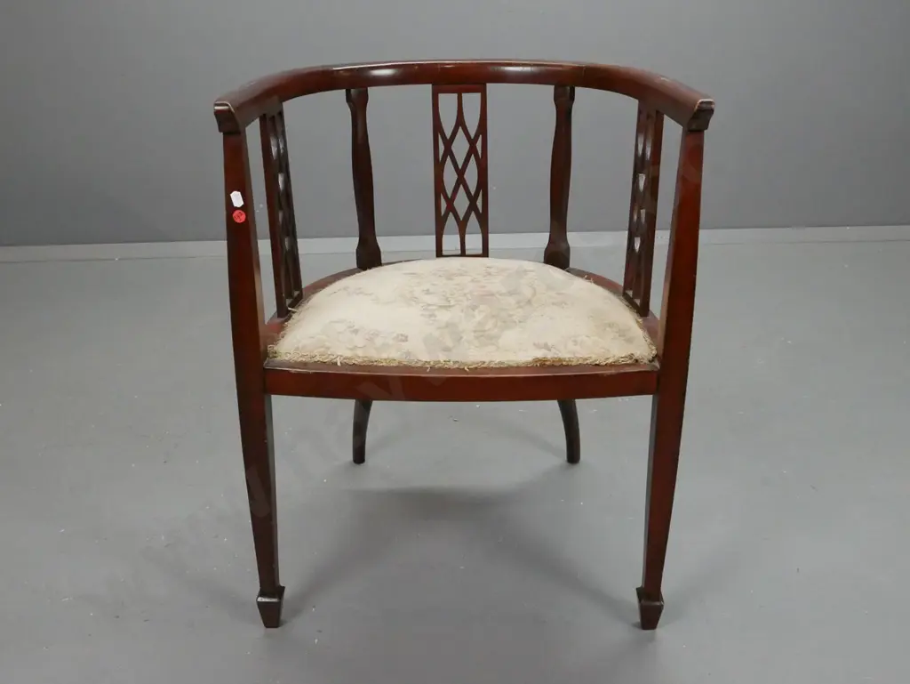 Edwardian vintage regency style beech tub chair with diamond pierced back splats, square tapered legs on spade feet - Image 1++