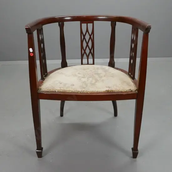 Edwardian vintage regency style beech tub chair with diamond pierced back splats, square tapered legs on spade feet -
