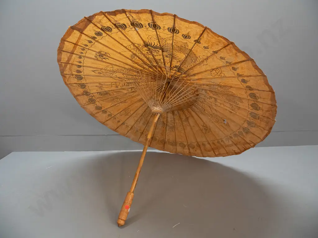 vintage asian bamboo, timber and paper parasol with lantern and dragon motifs - some tears to paper L-380 Image 1++