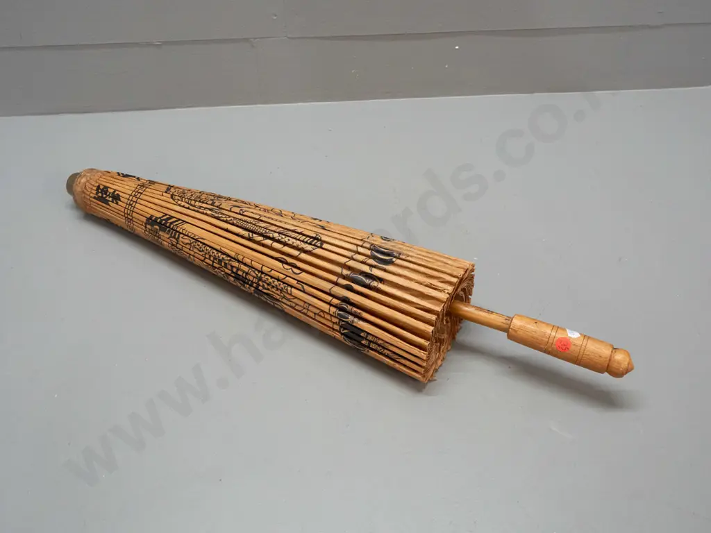 vintage asian bamboo, timber and paper parasol with lantern and dragon motifs - some tears to paper L-380 Image 1++