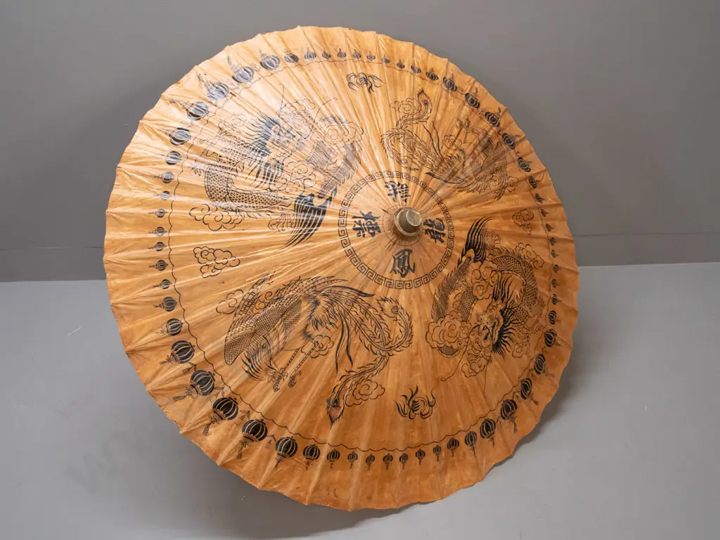 vintage asian bamboo, timber and paper parasol with lantern and dragon motifs - some tears to paper L-380 Image 1++