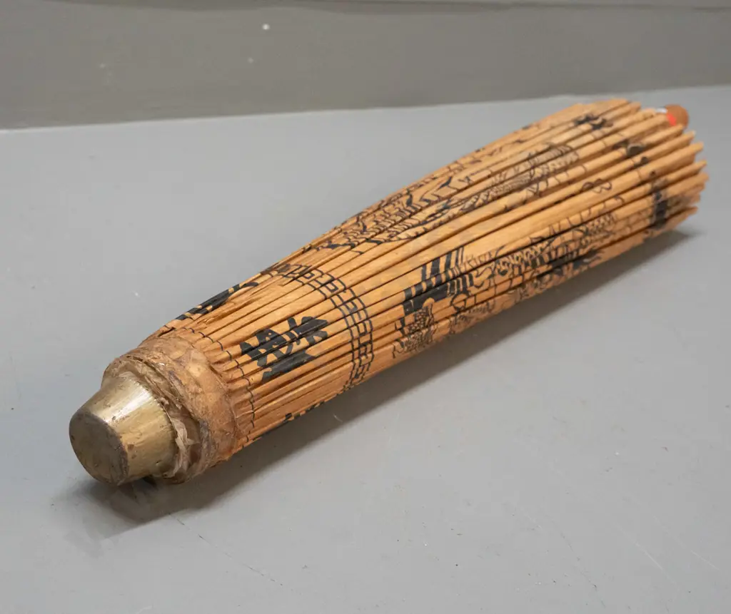 vintage asian bamboo, timber and paper parasol with lantern and dragon motifs - some tears to paper L-380 Image 1++