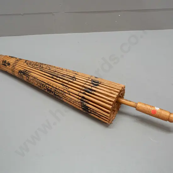vintage asian bamboo, timber and paper parasol with lantern and dragon motifs - some tears to paper L-380