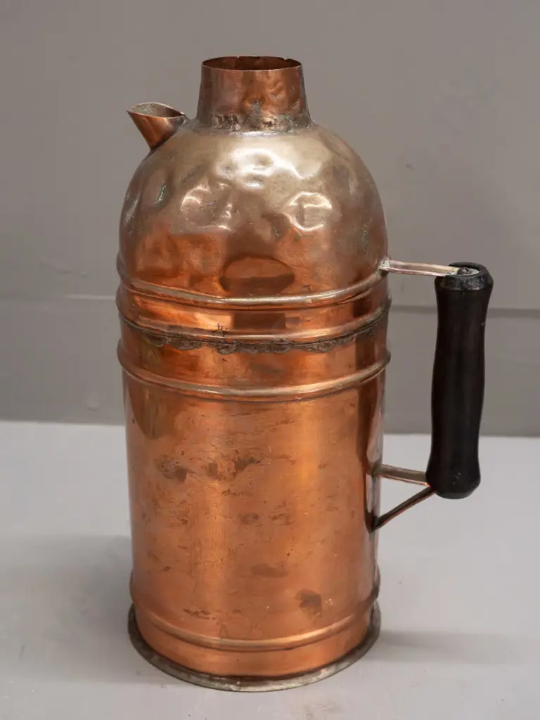 vintage copper thermette with timber handle, no stand - denting and wear H-340 W-190 Image 1++