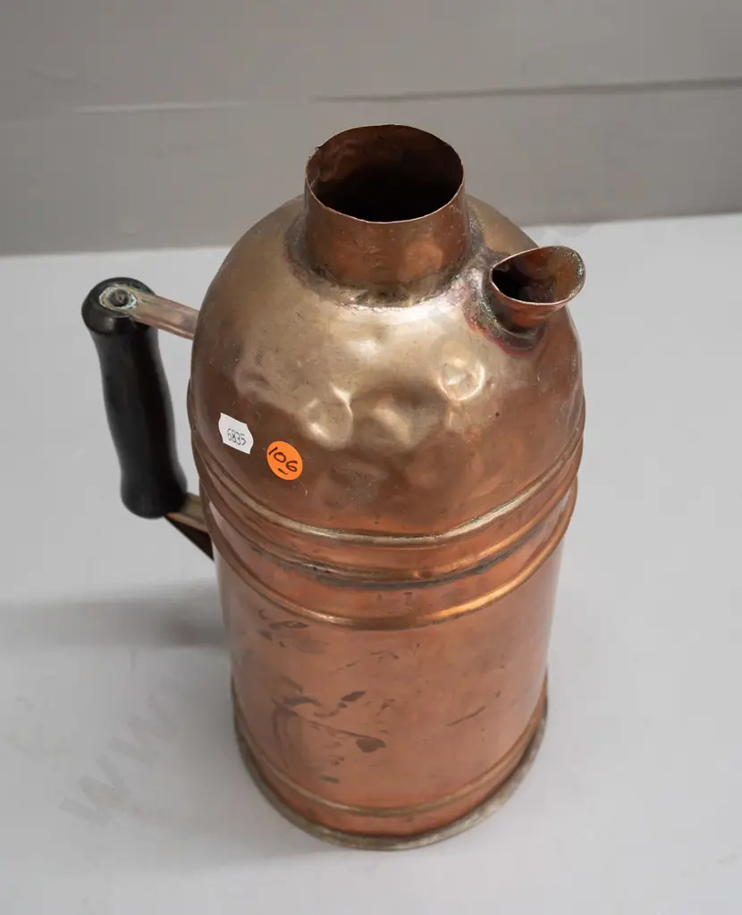 vintage copper thermette with timber handle, no stand - denting and wear H-340 W-190 Image 1++