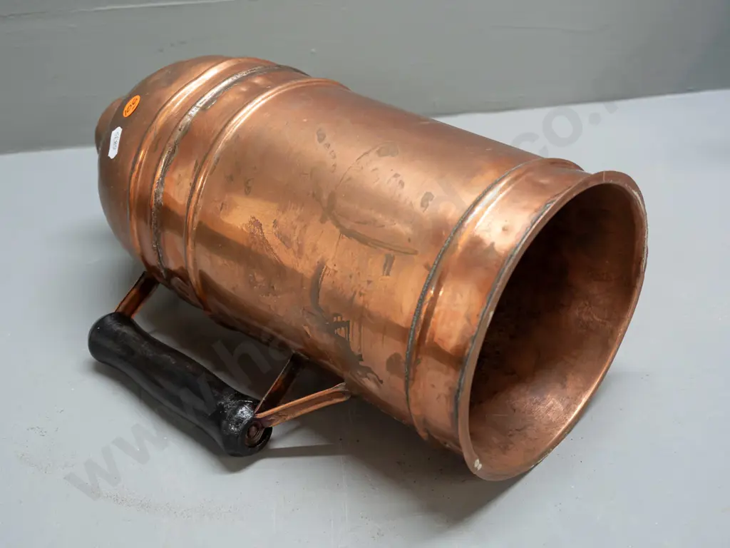 vintage copper thermette with timber handle, no stand - denting and wear H-340 W-190 Image 1++