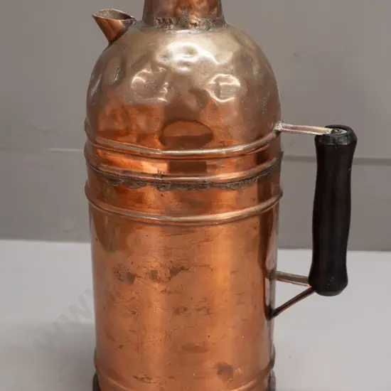 vintage copper thermette with timber handle, no stand - denting and wear H-340 W-190