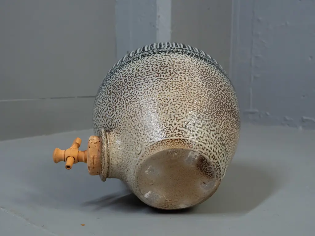 studio pottery salt glaze vessel with cork stopper & wood and cork spigot H-270 - unknown maker's mark Image 1++
