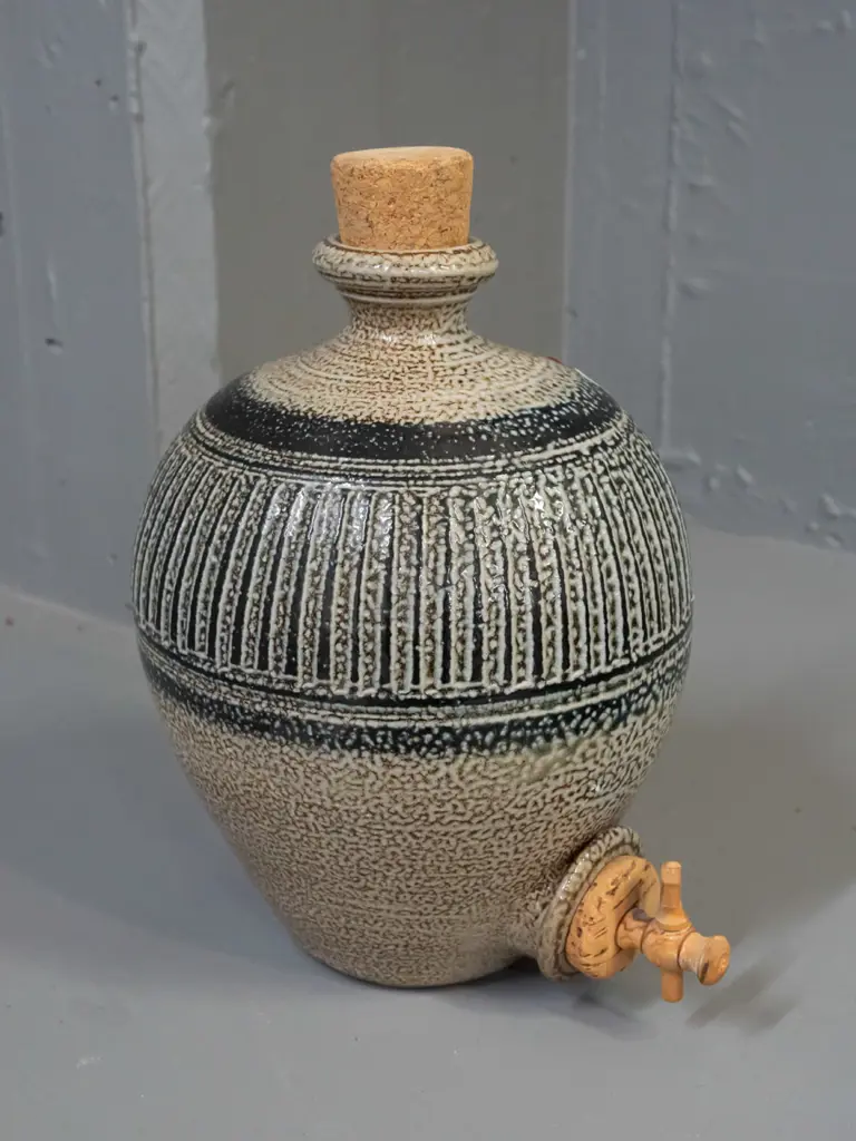 studio pottery salt glaze vessel with cork stopper & wood and cork spigot H-270 - unknown maker's mark Image 1++