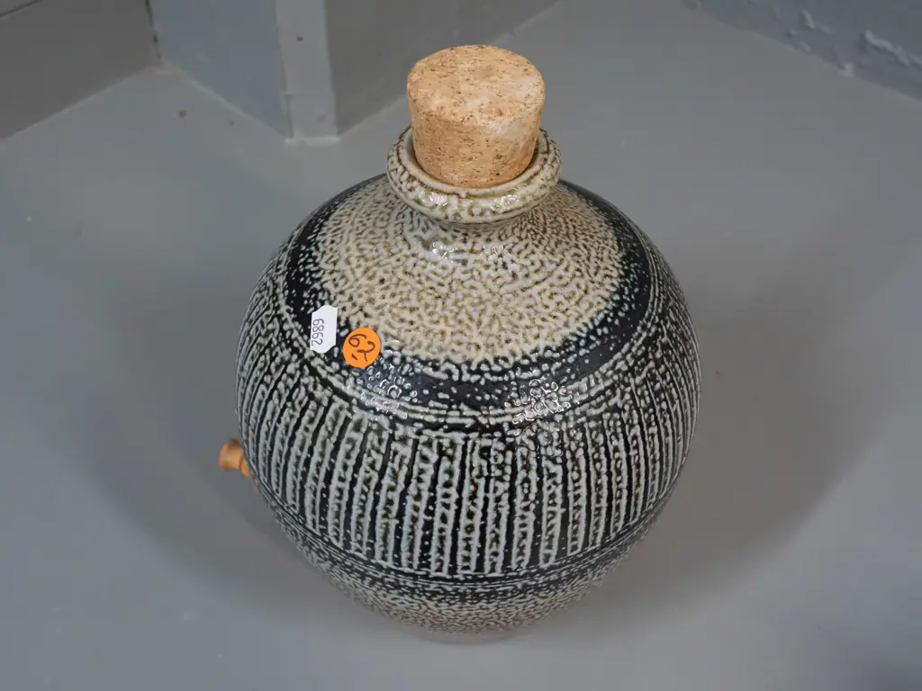 studio pottery salt glaze vessel with cork stopper & wood and cork spigot H-270 - unknown maker's mark Image 1++