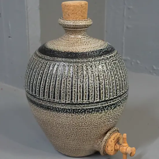 studio pottery salt glaze vessel with cork stopper & wood and cork spigot H-270 - unknown maker's mark