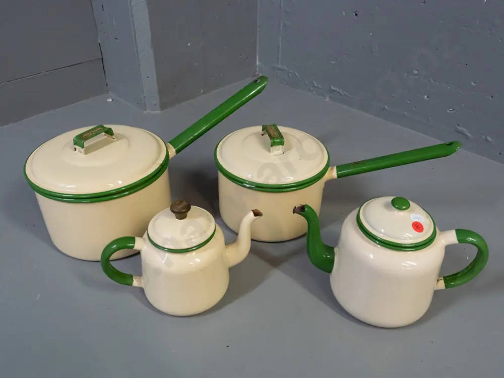Judgeware enamel ware - 2 saucepans - 16cm and 18cm - and a teapot with wigged judge logo on knob - and one other teapot Image 1++