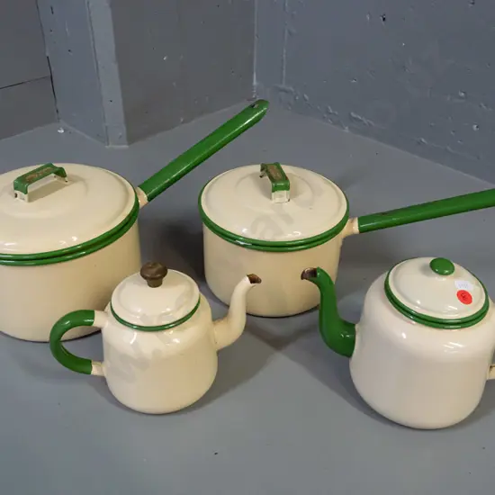 Judgeware enamel ware - 2 saucepans - 16cm and 18cm - and a teapot with wigged judge logo on knob - and one other teapot