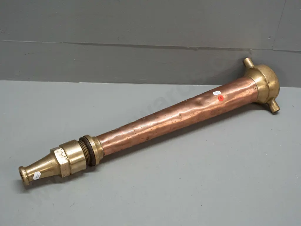 vintage polished brass and copper fire hose nozzle, no maker's marks - some denting to copper L-590 Image 1++