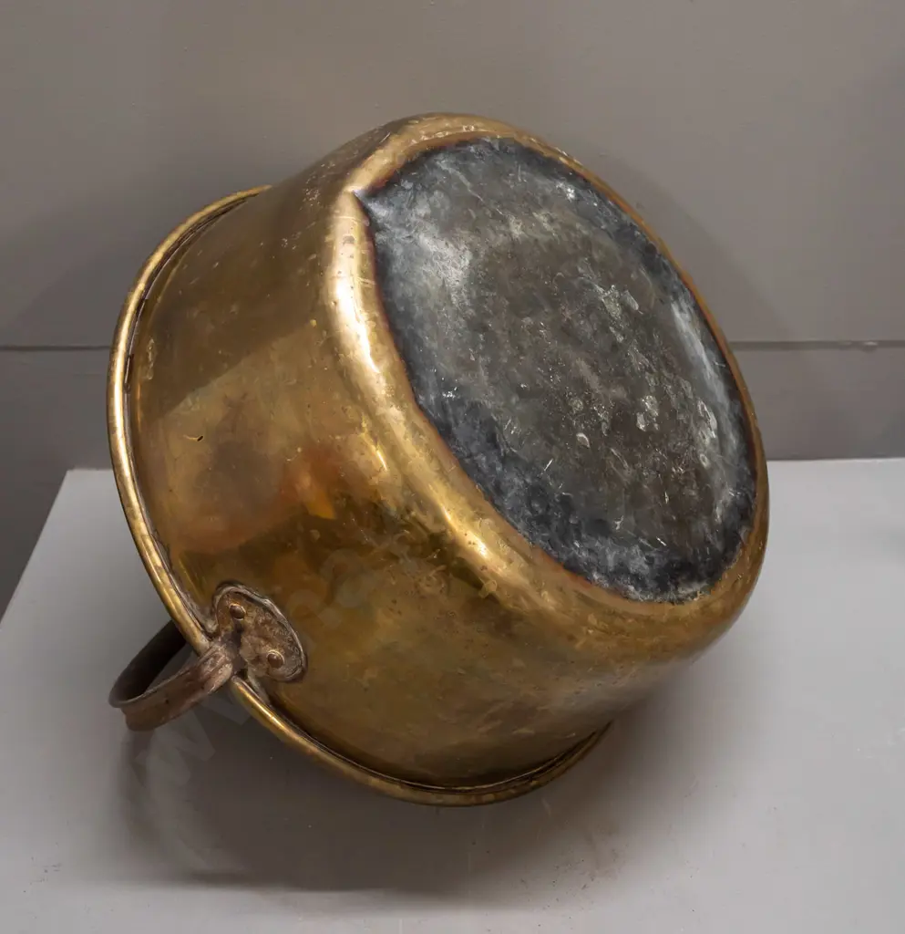 vintage brass jam pan with iron handle - stained inside and dented around bottom H-350 W-410 Image 1++
