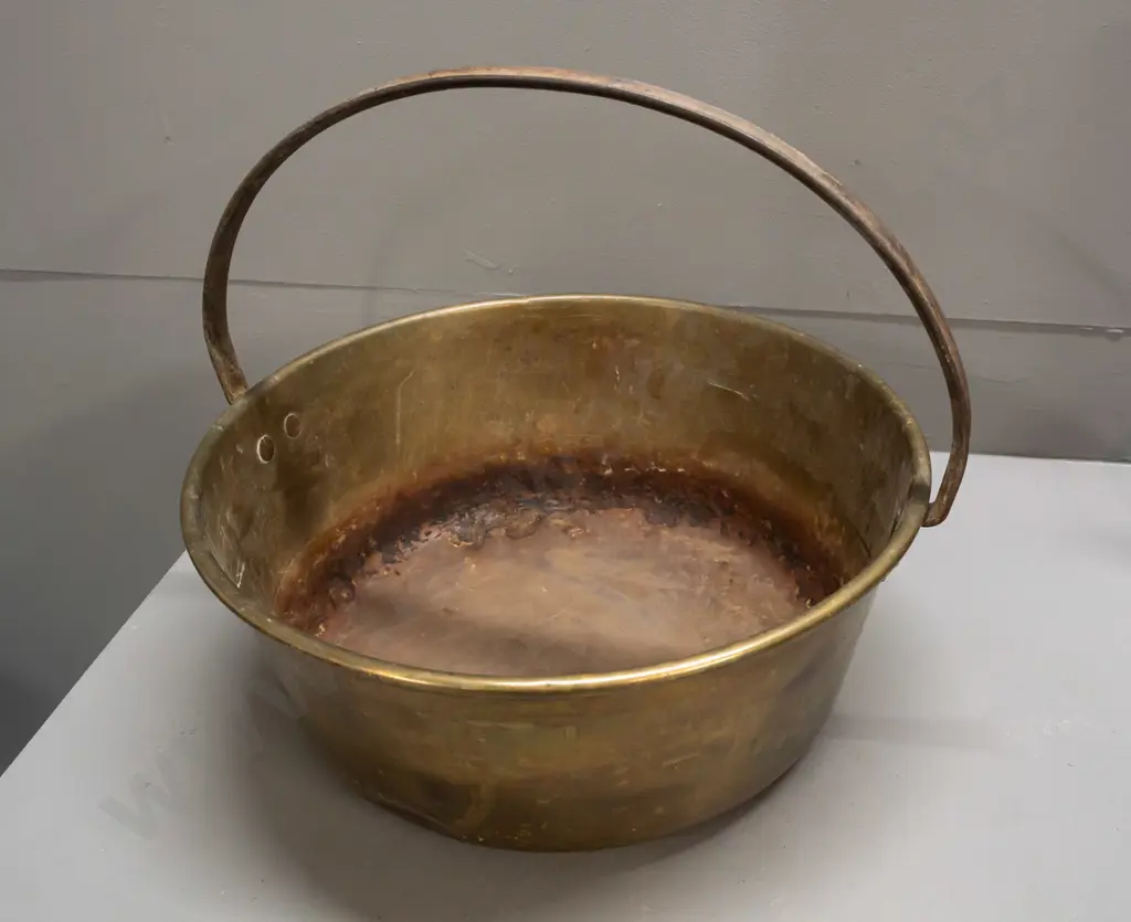 vintage brass jam pan with iron handle - stained inside and dented around bottom H-350 W-410 Image 1++