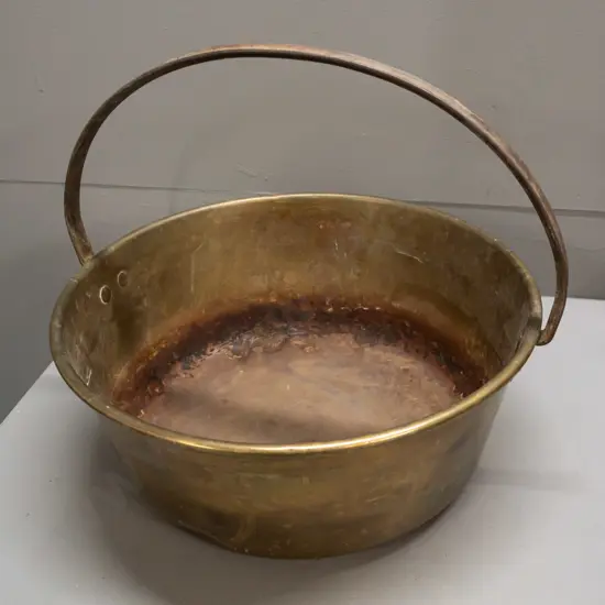 vintage brass jam pan with iron handle - stained inside and dented around bottom H-350 W-410