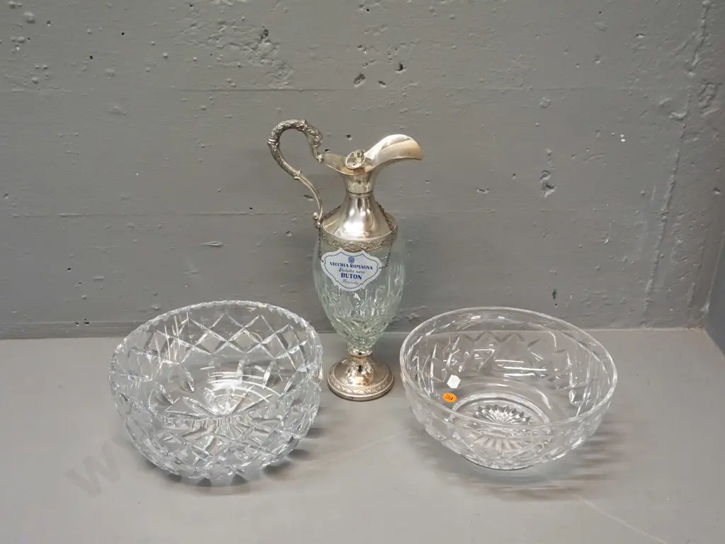 2 cut crystal bowls and a cut glass brandy ewer decanter with plated fittings, Buton brandy metal label and Distillerie Image 1++